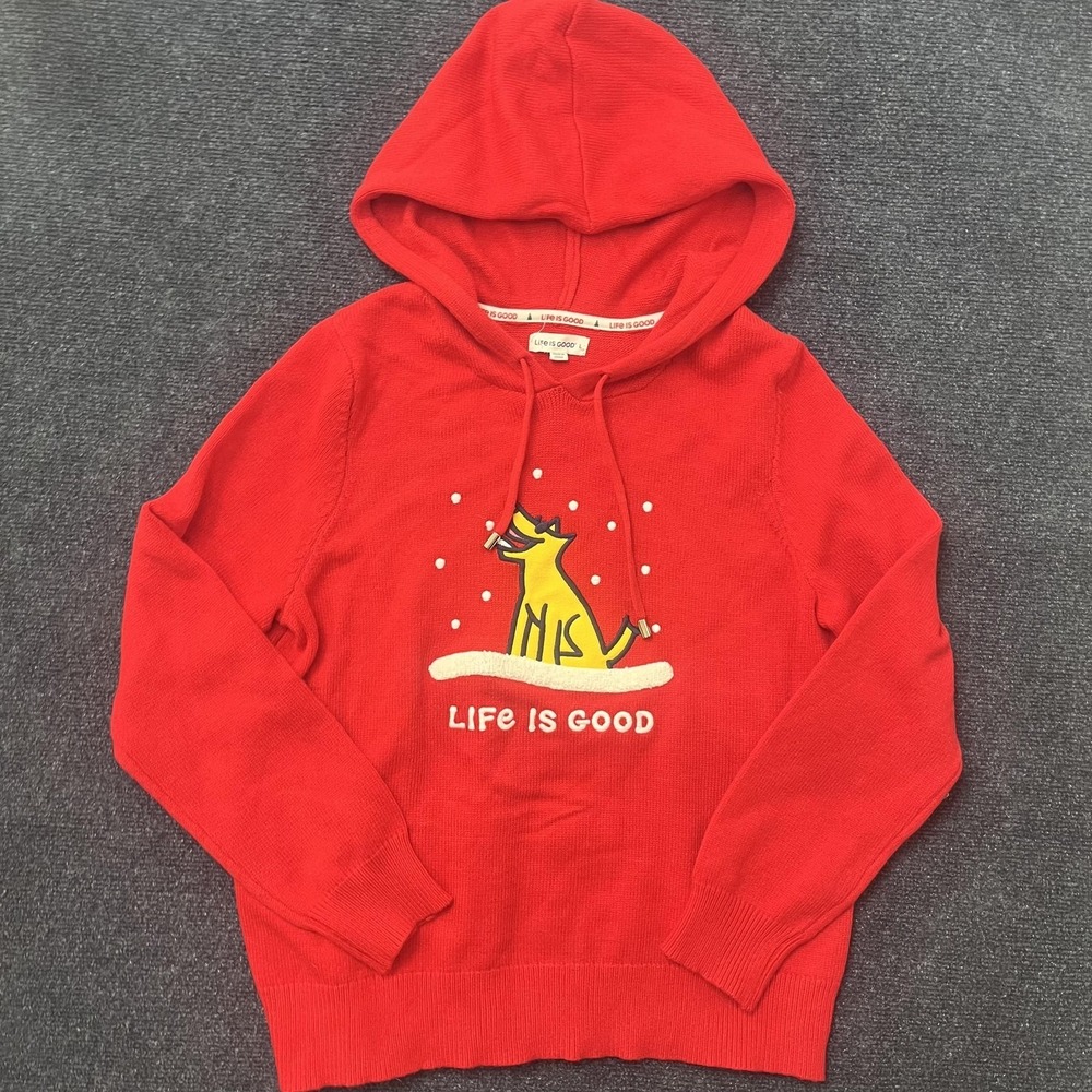 Life Is Good Sweater Womens Large Red Dog Graphic Hooded Christmas Pullover Knit